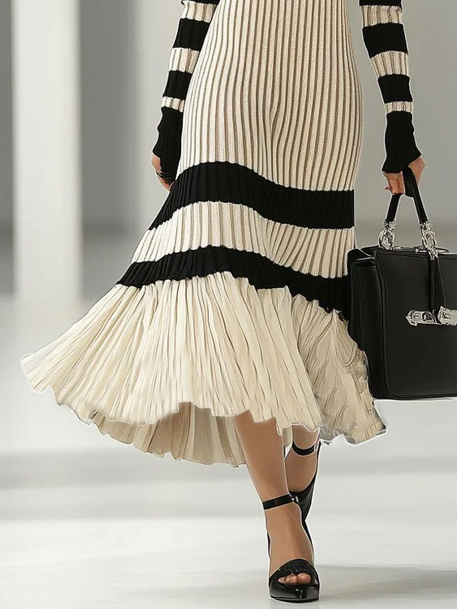 【24-hour shipping out】Fashion Loose Retro Black and White Striped Knitted Turtleneck Midi Dress