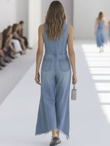 【24-hour shipping out】Western Retro Light Blue Denim Sleeveless Raw Edge Wide Leg Zipper Jumpsuit