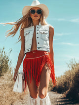 【24-hour shipping out】Western Retro Red Washed Cotton Ribbon Tassel Shorts