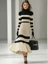 【24-hour shipping out】Fashion Loose Retro Black and White Striped Knitted Turtleneck Midi Dress