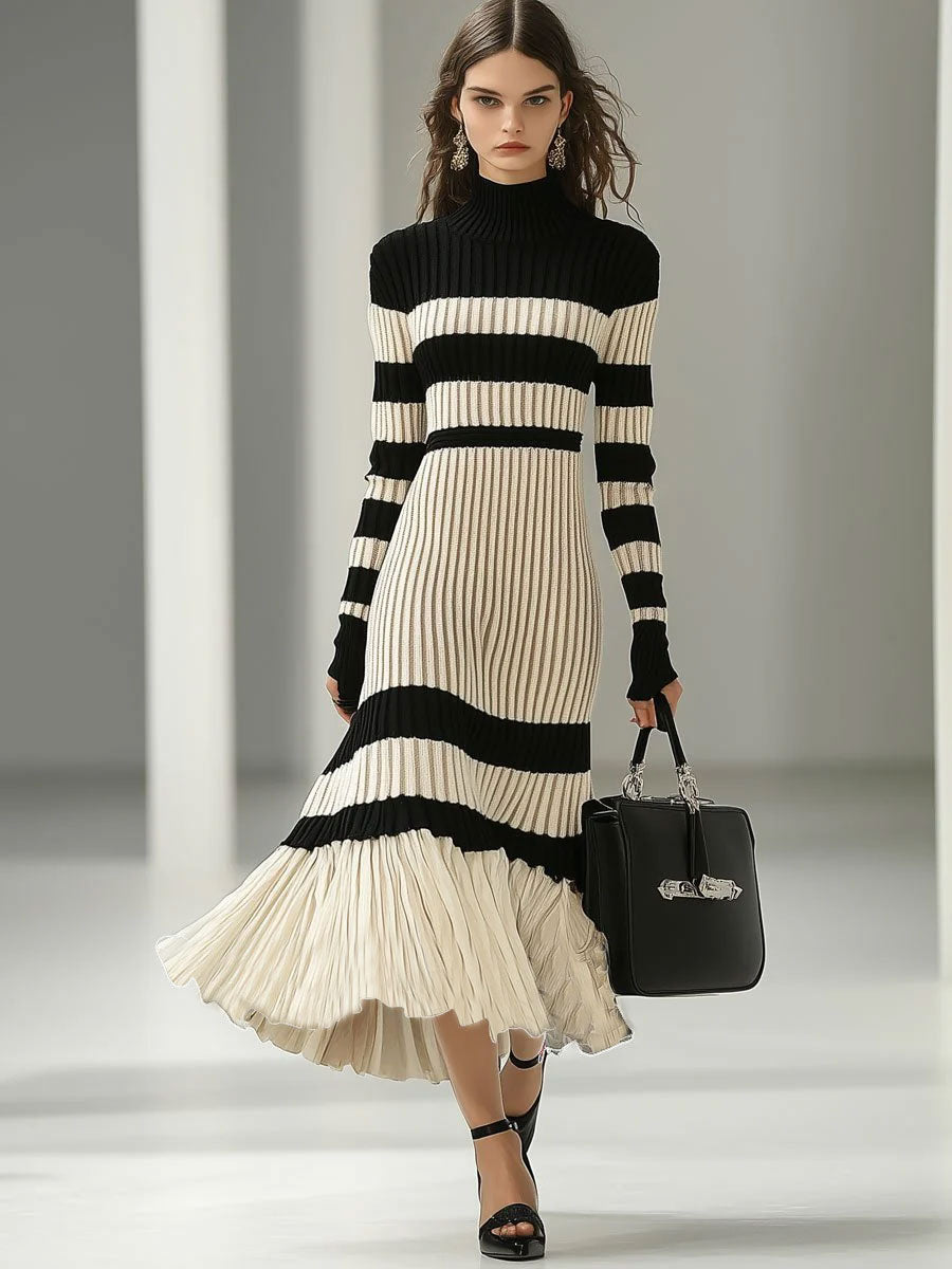 【24-hour shipping out】Fashion Loose Retro Black and White Striped Knitted Turtleneck Midi Dress