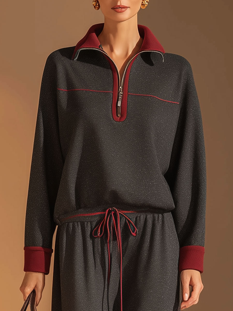 Casual, Retro-style Dark Gray Cotton Sweatshirt And Pants Set