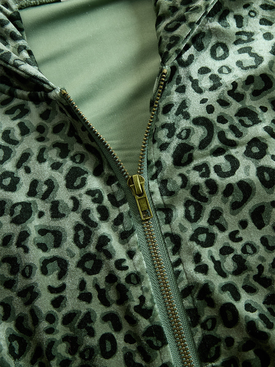 Retro Elegant Green Leopard Print Hooded Velvet Jumpsuit