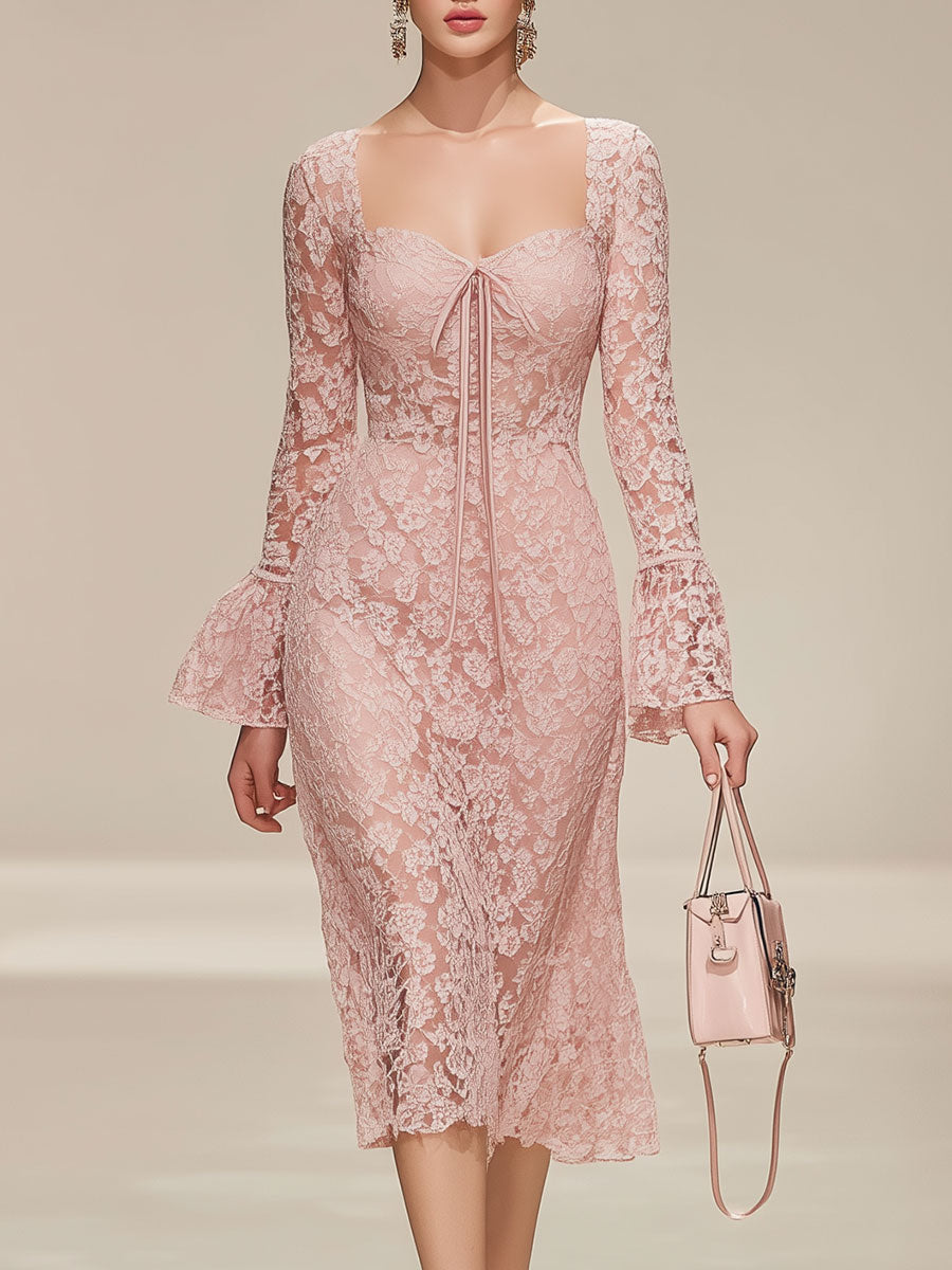 Stylish And Elegant Pink Lace Midi Dress