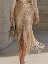 Chic And Sophisticated V-neck Tassel Champagne Shimmering Maxi Dress