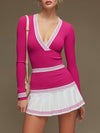 Sporty Retro Long-sleeved Striped Fuchsia Knit Pleated V-neck Mini Dress