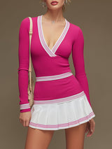 Sporty Retro Long-sleeved Striped Fuchsia Knit Pleated V-neck Mini Dress