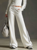Sporty Retro Striped Webbing White Long-Sleeve Sweatshirt And Wide-Leg Pants Set