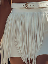 【24-hour shipping out】Fashionable Personality Long Tassel Belt White Shorts