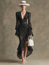 Fashionable Retro Long-sleeved Black Lace Ruffled Slit Maxi Dress