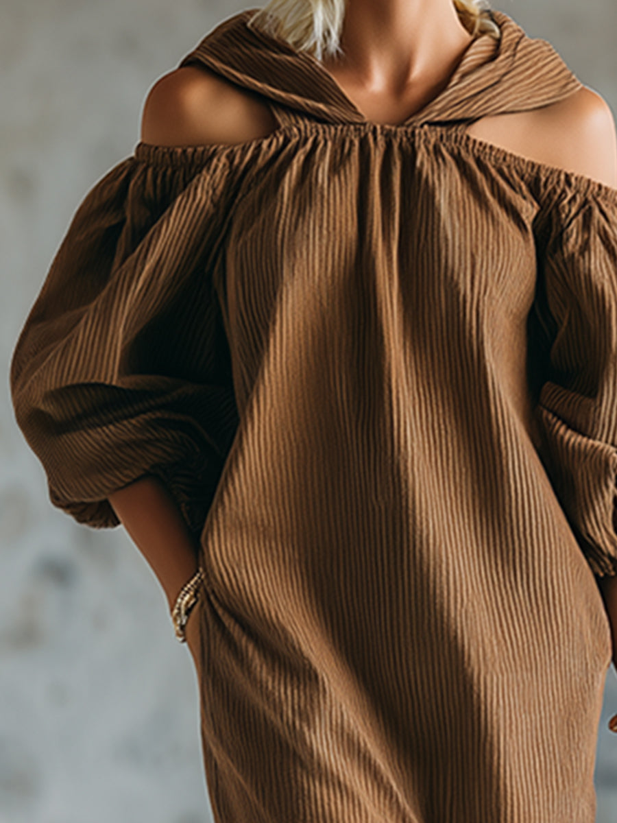 Casual Urban Style Caramel-colored Corduroy Hooded Off-the-shoulder Long-sleeved Maxi Dress