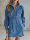 Retro Zippered Stand-up Collar Chest Pocket Denim Mini Dress