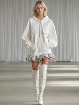 Casual And Stylish Beige-grey Ruffled White Hooded Sporty Mini Dress