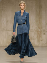 Retro-style Lapel Button-down Denim And Satin Patchwork Long-sleeved Maxi Dress