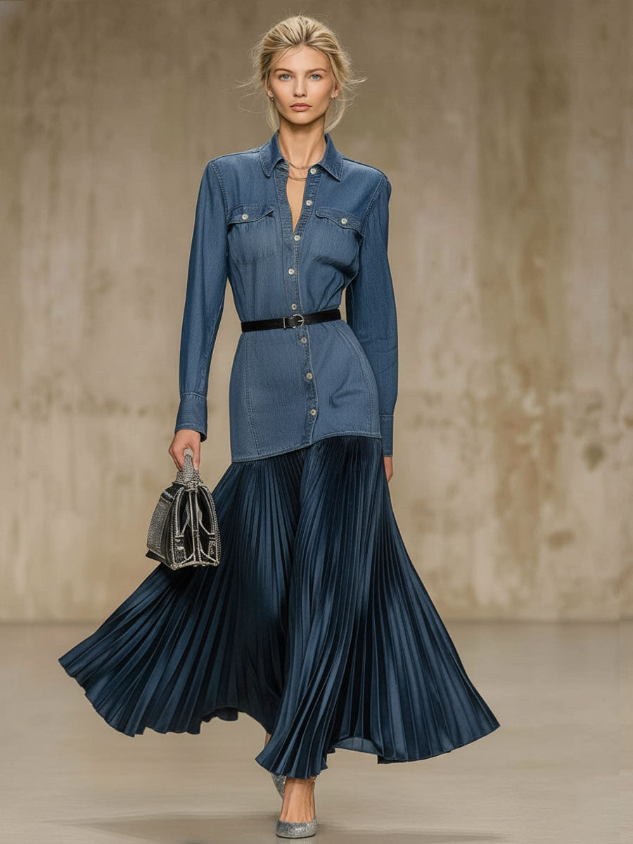 Retro-style Lapel Button-down Denim And Satin Patchwork Long-sleeved Maxi Dress