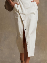 Fashionable Retro-style Square Neckline Long-sleeved White Cotton Midi Dress