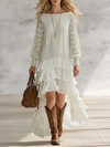 Romantic Bohemian Style Velvet-feel Lace Long-sleeved Irregular Ruffled Hem White Chiffon Maxi Dress