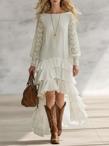 Romantic Bohemian Style Velvet-feel Lace Long-sleeved Irregular Ruffled Hem White Chiffon Maxi Dress
