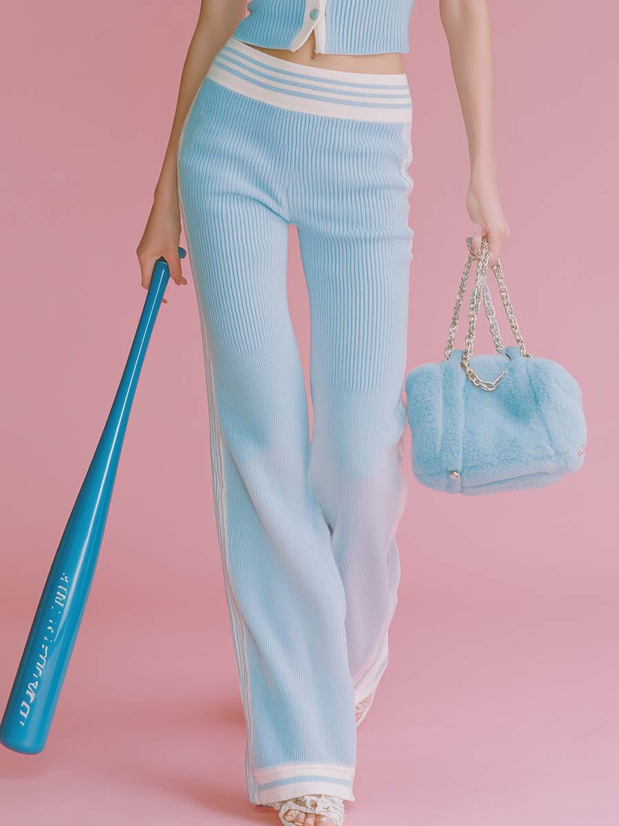 Elegant Retro Sporty White Trim Front Button V-neck Light Blue Knitted Top And Pants Set