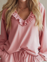 V-neck Ruffled Long-sleeved Top And Shorts Athletic Set