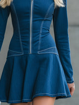 Stylish Blue DenimWith Zipper And Stitching Details Mini Dress