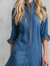 Casual And Stylish Checkered Ruffle Blue Denim Midi Dress