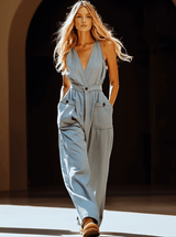 【24-hour shipping out】Casual Retro Gray-blue Tencel Denim Pocket Overalls