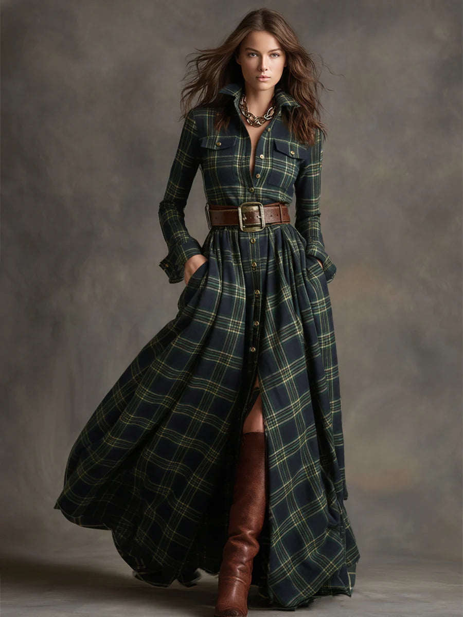 Plaid Lapel Maxi Dress in Reddish Brown