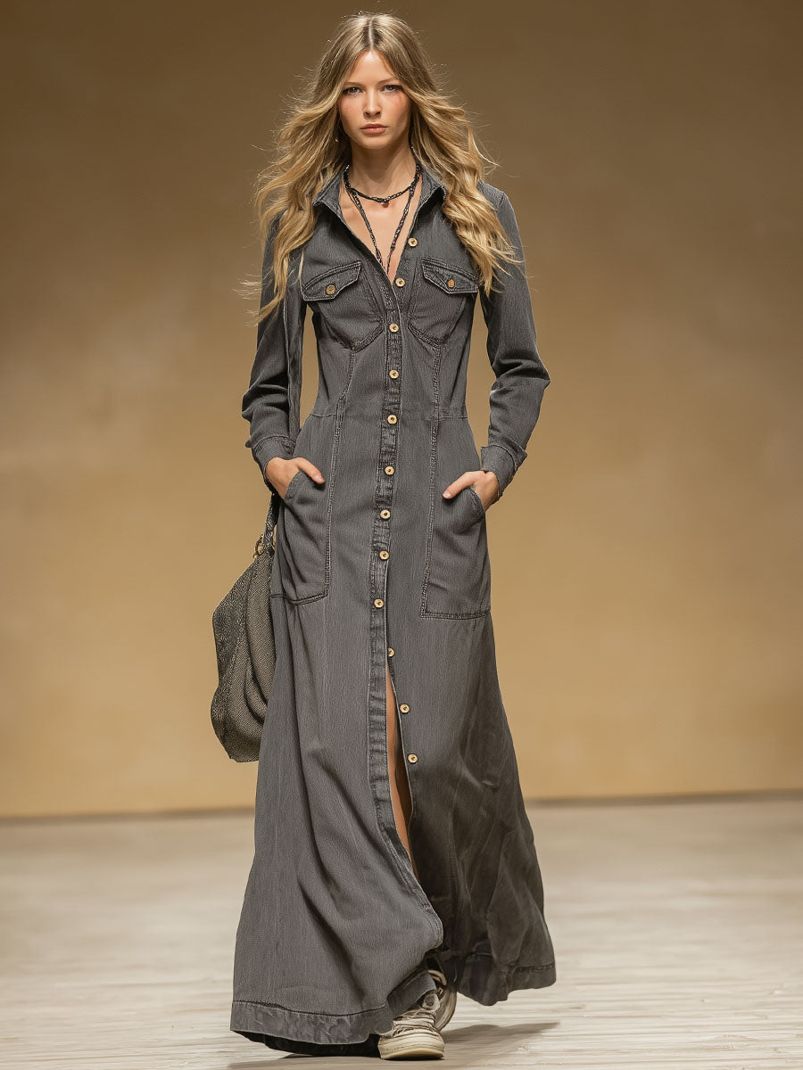 Lapel Collar Single-breasted Multi-pocket Vintage Grey Denim Long-sleeved Maxi Dress