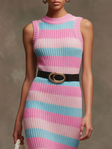 Elegant Retro Blue And Pink Knitted Sleeveless Midi Dress