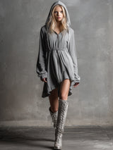 Casual And Stylish Zipper Gray Hooded Mini Dress