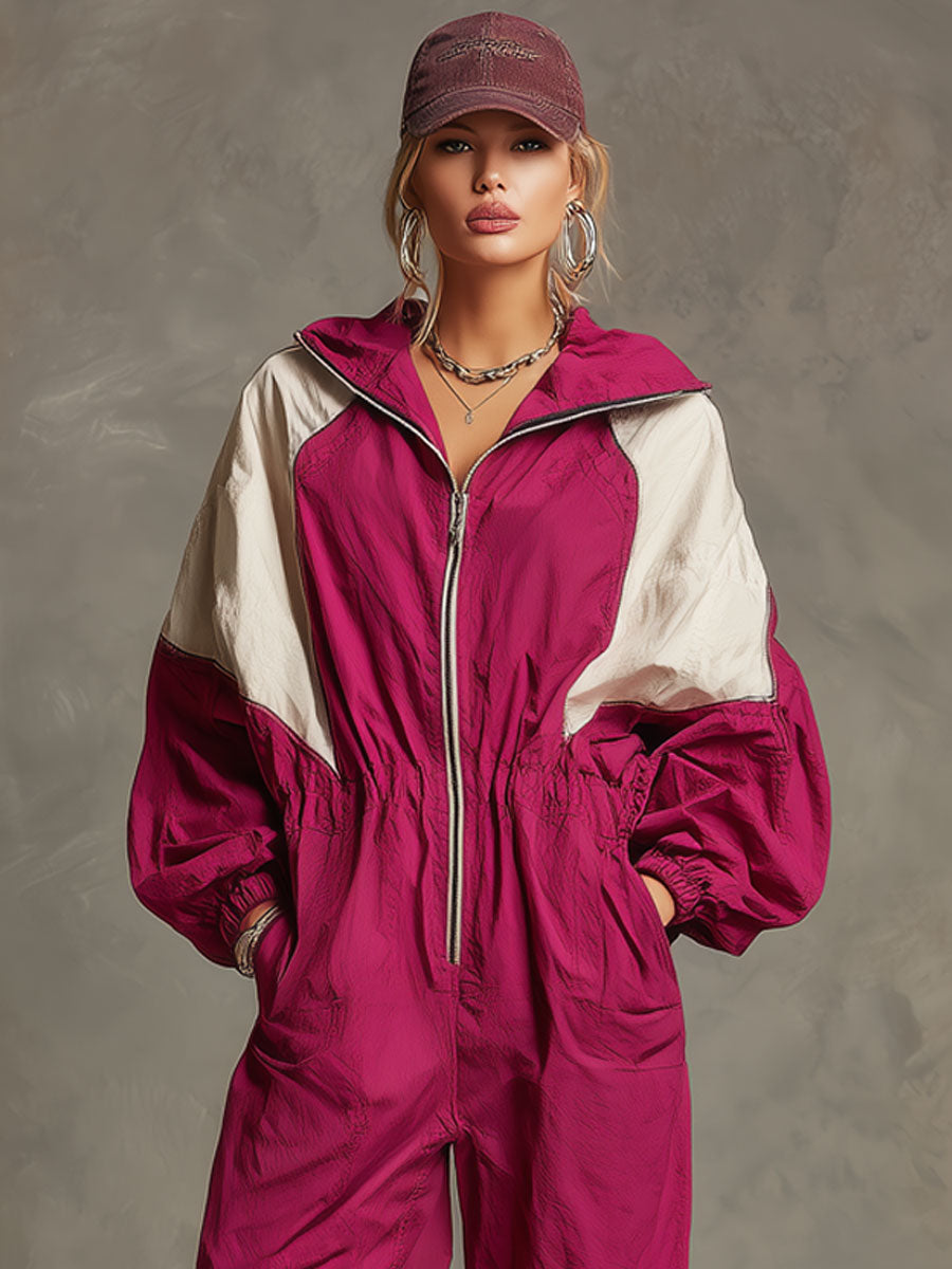 Outdoor Sports Retro Rose Red Zip-up Long-sleeved Jumpsuit