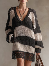 Chic Urban Lace-trimmed Black Striped V-neck Knit Mini Dress