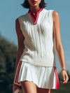 【24-hour shipping out】Retro Sports Style Stand-up Collar Pleated Sleeveless Knitted Top Pleated Skirt Suit