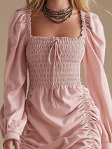 Square-neck Shirred Long-sleeved Mini Dress
