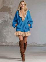 Sporty Color-blocked Ruffled V-neck Long-sleeved Mini Dress