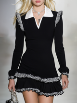 Sporty Retro Color-blocked Lapel Striped Ruffled Hem Mini Dress