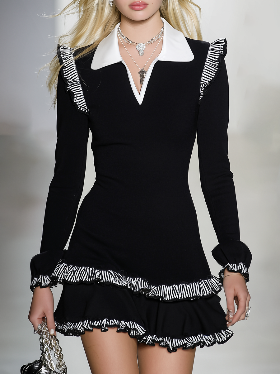 Sporty Retro Color-blocked Lapel Striped Ruffled Hem Mini Dress
