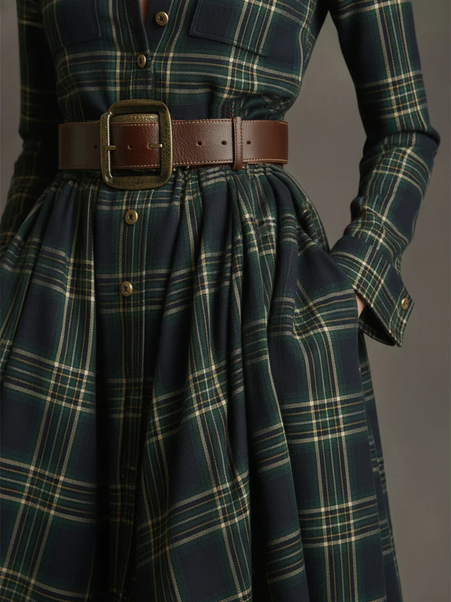 Plaid Lapel Maxi Dress in Reddish Brown