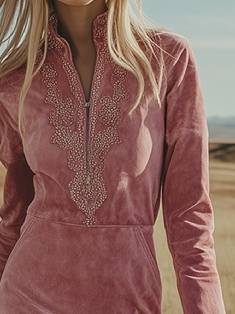 Vintage Western-style Pink Embroidered Faux Suede Midi Dress