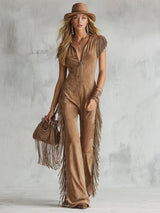 Retro Western-style Light Brown Faux Suede Fringes Jumpsuit