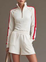 Sporty Retro Red Trim White Cotton Half-Zip Long-Sleeve Sweatshirt And Shorts Set