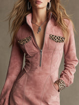 Western Retro Long-Sleeved Leopard Print Pink Faux Suede Mini Dress
