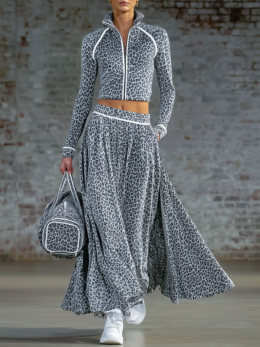 Leopard Print Stand-collar Zip-up Top And Long Skirt Velvet Set