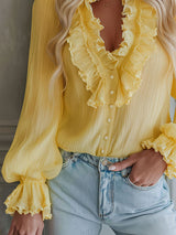 V-neck Chiffon Single-breasted Long-sleeved Shirt