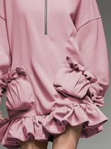 Casual Sporty Light Pink Hooded Loose Ruffle Mini Dress