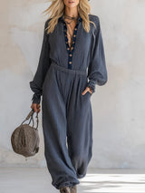 Casual And Stylish Navy Blue Checkered Long-sleeved Wide-leg Jumpsuit
