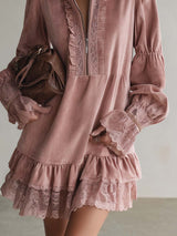 Elegant Vintage Western Lapel Front-zip Lace Trim And Ruffled Hem Pink Suede Mini Dress