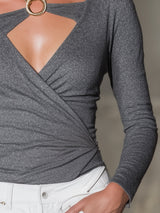 Elegant Grey Knit High-elastic Patchwork With Gold TrimTop