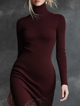 Simple And Elegant High-neck Lace Hem Burgundy Knitted Maxi Dress